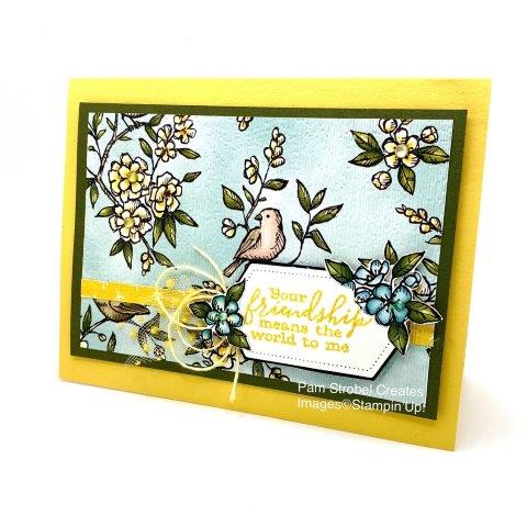 Create your own textured patterned paper using Stampin'Up! 's Subtle Embossing Folder. The sentiment is from the Beautiful Friendship stamp set using Daffodil Delight . The dark Mossy Meadow color creates a great contrast and matches the patterned paper. Stitched Nested Label Dies show off the embossed sentiment. More Beautiful Friendship stamp set inspiration can be viewed here https://www.pamstrobelcreates.com/beautiful-friendship-stamp-set