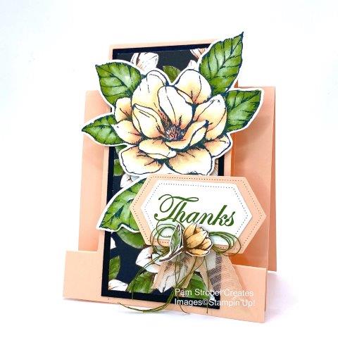 This fancy fold easel uses the Magnolia Morning stamp set and Magnolia Memory Dies, Stitched Nested Label Dies, Petal Pink& Garden Green.