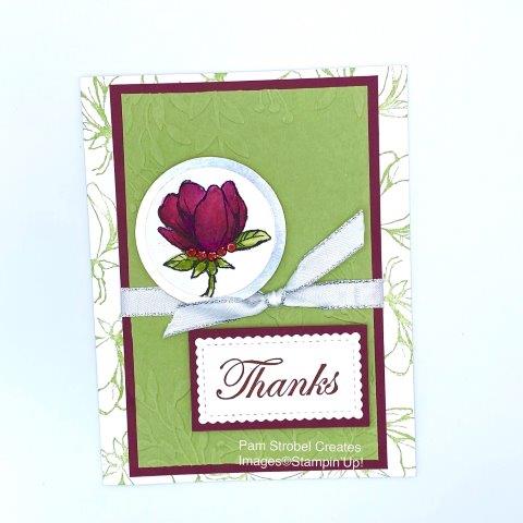 Today's card focuses on the challenge of using the color Merry Merlot. Dark colors can sometimes be a challenge. Pear Pizazz becomes it's complimentary color. Dry embossed card stock using the Greenery embossing folder gives texture while the image stamping on the border gives interest without taking away from the dark focal point of the flower. Merry Merlot and Pear Pizzaz using the Stampin'Up Magnolia Morning stamp set with Stitched So Sweetly Dies. Watercolored image with ink refills for intense color. You can find more Magnolia inspiration on my website here: https://www.pamstrobelcreates.com/magnolia-morning-stamp-set