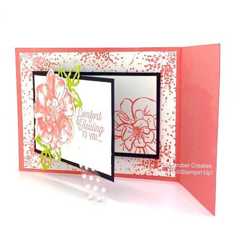 This Double Fold, fancy fold card features the To A Wild Rose stamp set and dies . With multi step images and dies you can create beautiful cards with one set. This card uses the colors Flirty Flamingo, Pear Pizzazz and Black with the added texture of Dotted Toile Ribbon. Allowing the leaves to creep over the edge extends the color beyond the black fold. Enjoy more inspiration here https://www.pamstrobelcreates.com/to-a-wild-rose-stamp-set