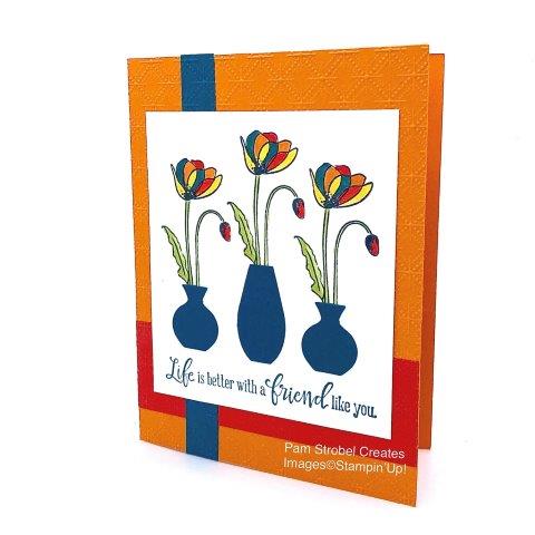Painted Poppies stamp set , Stampin'Up! Vases Builder Punch, Pumpkin Pie, Poppy Parade & Pretty Peacock. Dainty Diamonds Embossing Folder.