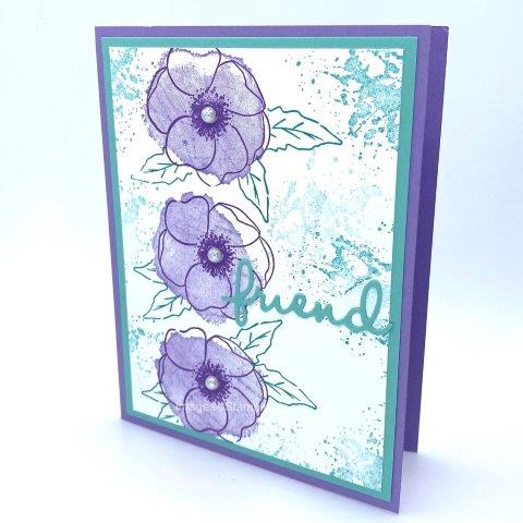 This pretty card goes together quite quickly using multiple images from Stampin'Up's Painted Poppies stamp set. Highland Heather blossoms mix with Coastal Cabana and Gorgeous Grape inks. I stamped the Gorgeous Grape flower outline first . Next comes the the Highland Heather solid image. Make a mask for that flower and then stamp the leaves in Coastal Cabana. Stamp once and stamp off a second time for the background splatter. Cut the FRIEND in Coastal Cabana from the Well Written Dies. Add Large Basic Pearls to the flower centers.  Enjoy more Painted Poppies on my webpage : https://www.pamstrobelcreates.com/painted-poppies-stamp-set