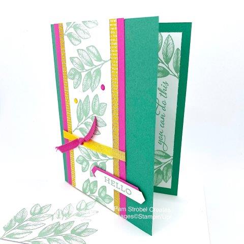 Stampin'Up's 2020-2022 In Colors are the focus of this quick card. Just Jade, Bumblebee, Magenta Madness & Ribbon using the Forever Fern stamp set. The Classic Label Punch is a must have for your simple sentiments. Coordinate with an inside sentiment feature as wellas your envelopes. Find more Foreever Fern inspiration here https://www.pamstrobelcreates.com/forever-fern-stamp-set