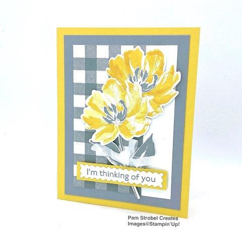 I love this fresh and classic look of the Daffodil Delight and Smoky slate colors. Getting the color variation in the flowers was quite easy. With Stampin Up's 2 step system you cn easiily create layers of colors.