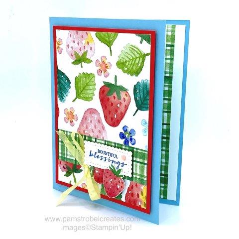 Gorgeous berries from Stampin'Up!s fresh and bright double sided paper. I used Pacific Point ink with the coordinating Berry Blessings stamp set . Card stock colors include Balmy Blue, Poppy Parade and Basic White. Stitched So Sweetly dies. Dye White Crinkle Ribbon with a light Daffodil alcohol blends. So many berry designs can be found in the Berry Delightful 12 x 12 double sided Designer Series Paper, find more here https://www.pamstrobelcreates.com/berry-blessings-stamp-set