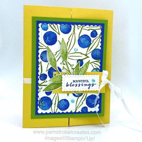 Bursting with bluberries this front paneled gatefold using the Berry Blessings stamp set by Stampin'Up! I used Daffodil Delight paper, Granny Apple Green paper and ink and Pacific Point. paper and ink. The Stitched So Sweetly dies add a fun scalloped edge look. White and oh so easy to use White Crinkle Ribbon ties it all closed . Enjoy more of this stamp set https://www.pamstrobelcreates.com/berry-blessings-stamp-set