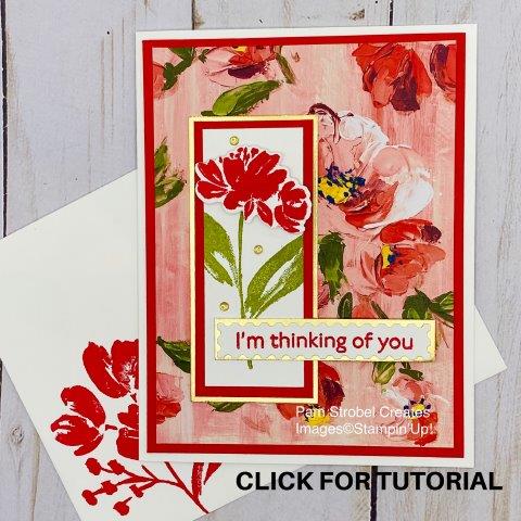 Poppy Parade and Old Olive inks create single focal flower with gold foil accent edges. Enjoy my full step by step tutorial using the Art Gallery stamp set and Fine Art Floral Designer Series Paper.